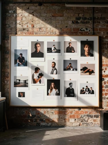 Candid creative collaboration in a South London warehouse studio, harsh natural light casting deep graphic shadows across a large moodboard on a brick wall.