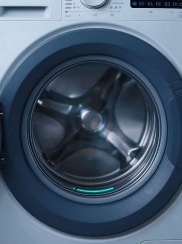 Washing machine drum and electronic control panel, high-tech cyan lighting, sharp focus