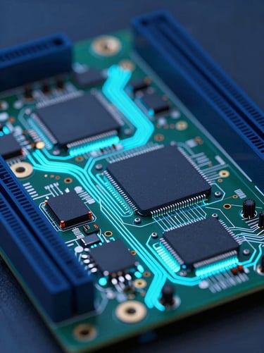 Macro shot of a modern air conditioner PCB with glowing cyan tracks, sharp focus, 3d render style