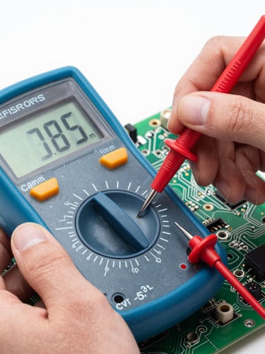 Hands holding a digital multimeter probe against a green circuit board, macro shot, crisp studio lighting