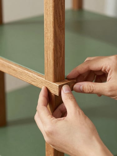 Close-up of a sturdy wooden joint on a multi-functional shelf, hands gently guiding the pieces together, soft natural daylight