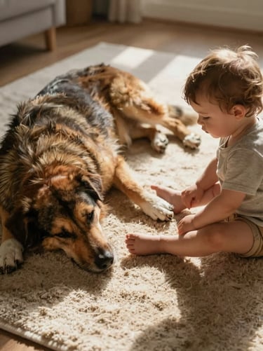 A candid lifestyle shot of a Western / Global family dog resting near a toddler's feet on a soft sand colored rug, warm morning light, cinematic and homey atmosphere.