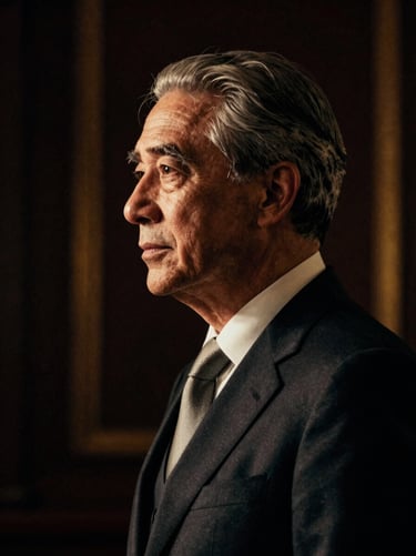 Low-key lighting portrait of a distinguished sovereign wealth fund director, sharp profile, dark background, warm golden accents, 35mm film grain