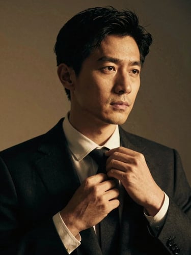 Cinematic close-up portrait of an enterprise technology founder, low-key lighting, adjusting lapel, deep obsidian and gold tones