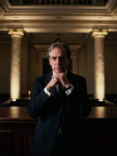 Chiaroscuro portrait of a global policymaker in deep reflection, dramatic architectural uplighting, dark premium setting, 35mm film grain