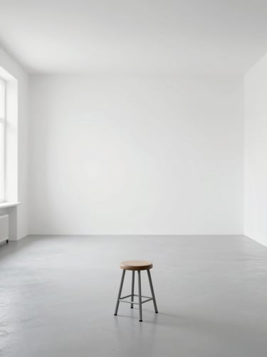 An wide-angle shot of a photography studio with white walls and a grey floor. Minimalist equipment, a single stool in the center, bright and clean aesthetic, emphasizing the professional space of Thais Marçal.