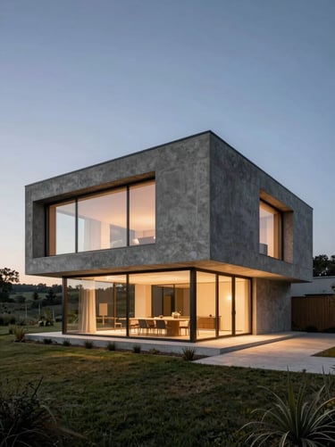 Wide-angle photography of a contemporary minimalist home in the Portuguese countryside at dusk. The building glows with soft interior light. Sophisticated integration of Slate grey concrete and glass.