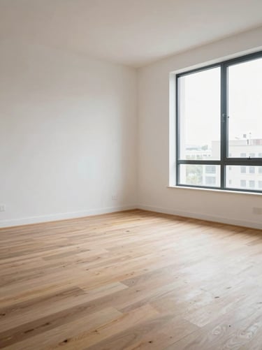 Wide-angle corner view of an empty modern apartment interior, daylight from tall windows casting soft even light across pale hardwood floors and white walls, architectural and still