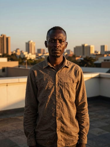 Medium environmental portrait of a Kenyan creator on a modern Nairobi rooftop at sunset, city skyline softly blurred in the background, warm golden-hour glow, high contrast.