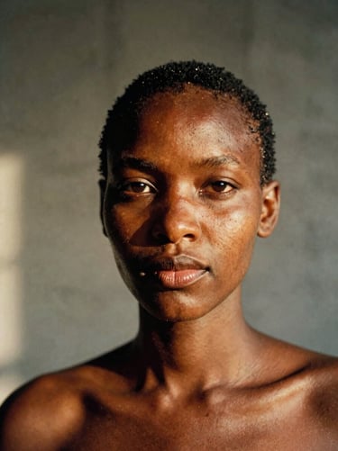 Close-up portrait of a Kenyan woman with short cropped hair, warm golden-hour sunlight catching her high cheekbones, rich dark skin tones, minimalist concrete studio background, 35mm film grain.