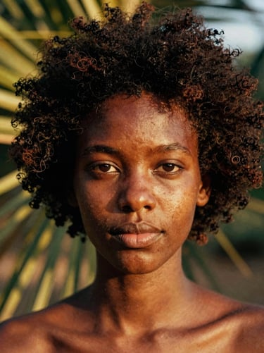 Close-up portrait of a Kenyan digital artist with natural afro hair, warm golden light filtering through palm leaves, soft film grain, rich saturated tones.