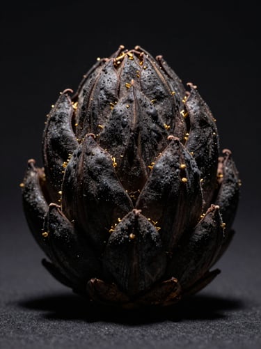 Isolated macro shot of a dense deep-charcoal botanical bud with golden trichomes, dark background, dramatic side-lit shadow