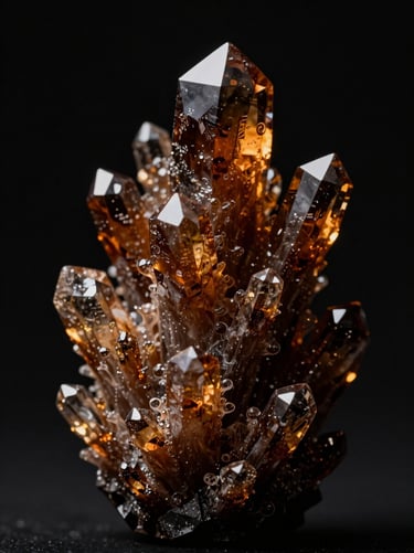 Macro photography of a crystalline botanical structure, rich amber tones, low-key lighting, obsidian background