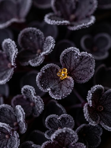 Extreme close-up of dense dark-purple botanical structures, frosted with golden crystalline resin, moody studio lighting