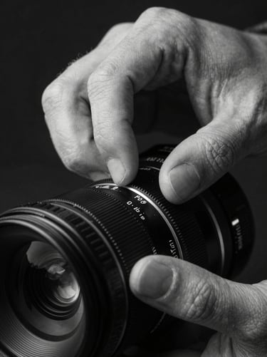 Extreme close-up of a photographer's hands adjusting a lens aperture ring, shallow depth, studio strobe rim-lighting the knuckles, dark background, tactile detail of metal and glass, black and white