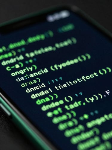 Extreme close-up macro shot of a sleek Android smartphone screen displaying glowing green code lines, low-key dark studio lighting, emerald green accents.