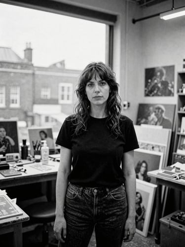 Candid portrait of a female artist in her warehouse studio, surrounded by raw physical media, high-contrast overcast London daylight, 35mm film grain.
