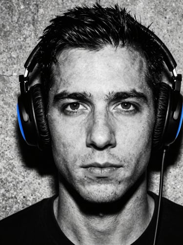 Extreme close-up portrait of a male creator with headphones, harsh direct-flash lighting, gritty concrete background, high-contrast monochrome with electric blue accents.