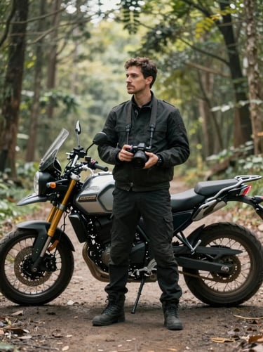 A lifestyle portrait of a photographer with a camera standing next to a motorcycle in a Global / Western forest. The scene is lit by soft, natural light, reflecting a sophisticated, adventurous mood.