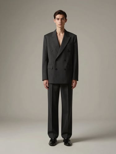 An elegant avant-garde fashion editorial photograph, minimalist gallery photography, neutral museum lighting, high-contrast crisp details, professional portfolio presentation, 35mm