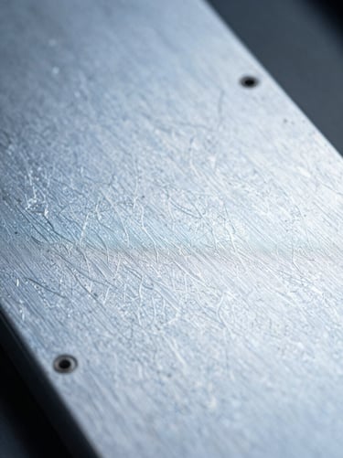 Extreme close-up macro shot of a treated aerospace alloy surface under cold blue-white studio strobe lighting, microscopic lattice structure visible across the panel face, clinical precision framing with deep field of focus, no warm tones