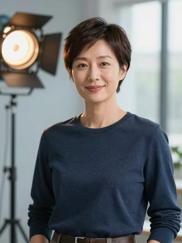 Portrait of a female creative director with short hair, warm studio lighting, professional and friendly