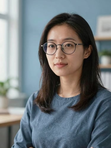 Portrait of a female UI/UX designer teaching, wearing glasses, soft daylight, studio background, shallow depth of field