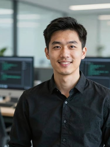 Portrait of a male software engineer in a clean black shirt, smiling, daylight, soft focus background