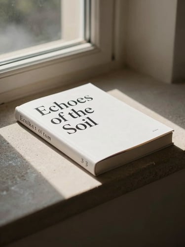 A high-contrast editorial photograph of a hardcover book titled 'Echoes of the Soil' resting on a stone ledge, warm afternoon light, shallow depth of field