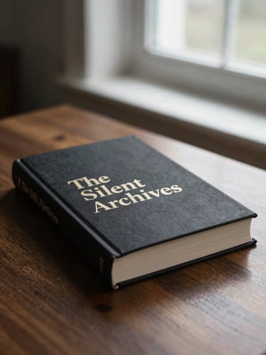 A high-contrast editorial photograph of a hardcover book titled 'The Silent Archives' resting on a dark wooden table, soft window light, shallow depth of field