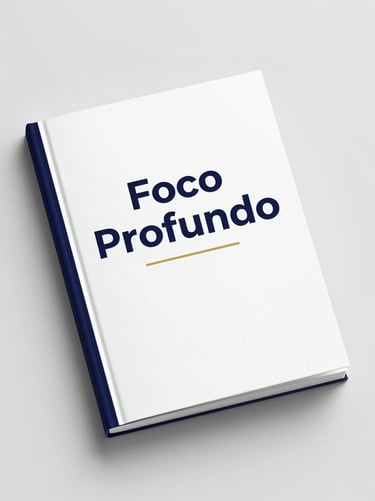 A clean 3D digital book mockup of 'Foco Profundo', elegant typographic cover design, realistic paper texture, soft overhead light, 85mm portrait.