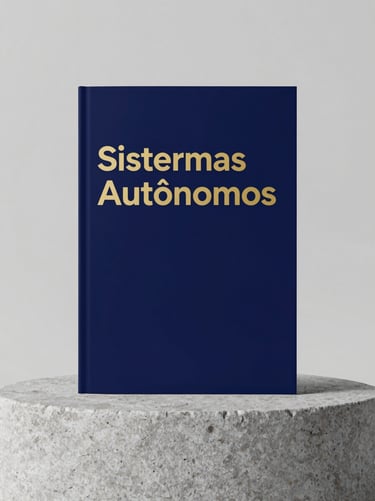A clean 3D digital book mockup of 'Sistemas Autônomos', minimalist cover design in deep navy and gold, resting on a stone pedestal, soft studio lighting, 85mm portrait.