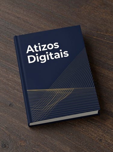 A clean 3D digital book mockup of 'Ativos Digitais', minimalist cover with geometric gold lines, resting on a dark wood surface, soft overhead light, 85mm portrait.