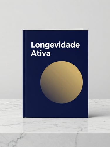 A clean 3D digital book mockup of 'Longevidade Ativa', minimalist cover with a subtle gold circle, resting on a clean marble counter, soft side light, 85mm portrait.