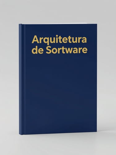 A clean 3D digital book mockup of 'Arquitetura de Software', technical minimalist cover in deep blue and gold, soft studio lighting, 85mm portrait.