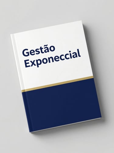 A clean 3D digital book mockup of 'Gestão Exponencial', elegant white and navy cover design, realistic paper texture, soft shadows, 85mm portrait.