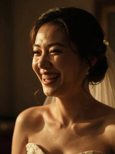 Close-up of a bride laughing during a candid moment, warm golden backlighting, cinematic 35mm style.