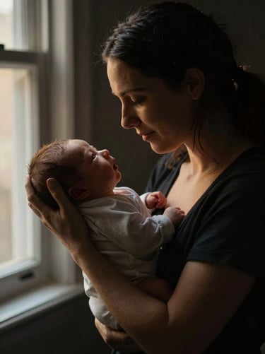 An intimate portrait of a mother holding her newborn by a soft-lit window, dramatic low-key lighting, rich dark tones.