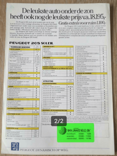 brochure et caracteristique de la peugeot 205 soleil
