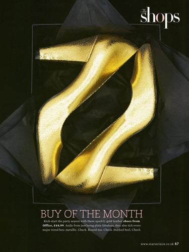 magazine page with gold shoes in a black box