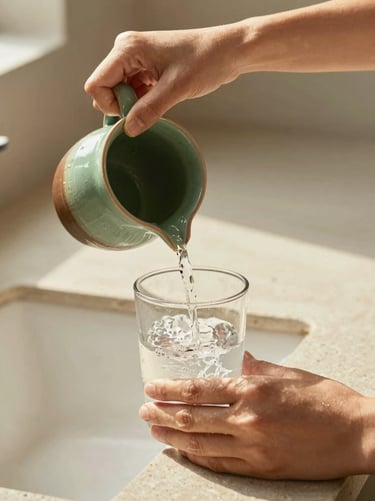 Close-up of a woman's hands pouring fresh water into a ceramic glass on a stone countertop, morning sun, shallow depth of field, 35mm lens.