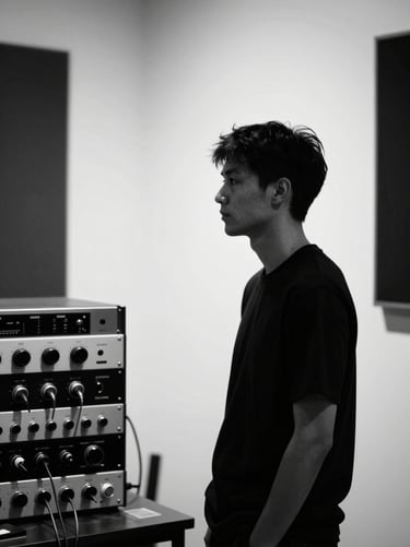 Minimalist portrait of an artist in a sound studio. Only the silhouette and the clean lines of the audio equipment are visible against a white wall. North American artistic aesthetic, black and white.