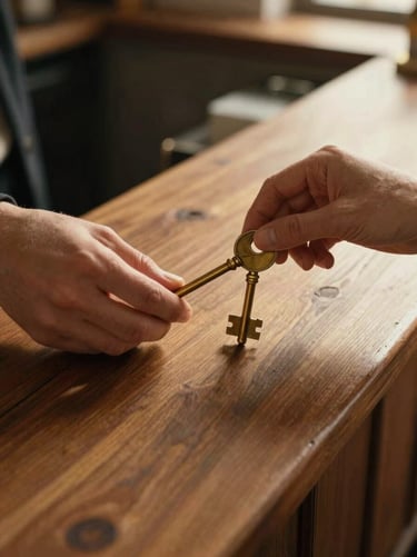 Close-up of hands placing a heavy brass room key on a rustic wooden reception desk, soft golden hour light, warm editorial style.