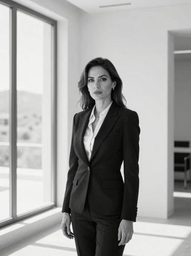 A professional black and white studio portrait of a female real estate partner, neutral background, soft natural window light, elegant luxury editorial style