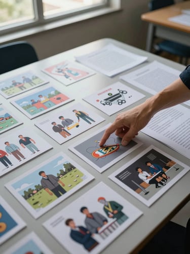 Overhead wide shot of BINAR printed materials spread across a classroom table — illustrated cards with impossible imagery, writing sheets, a teacher's hand pointing at one card — natural daylight from a nearby window, no shadows