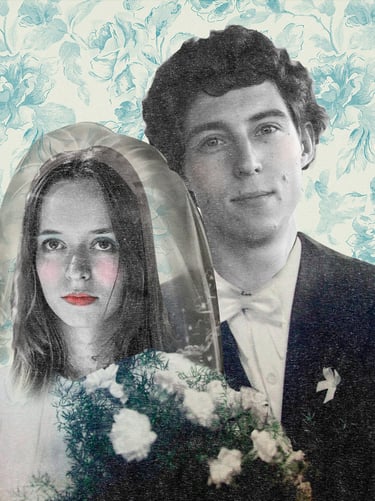 a man and woman in wedding attire posing for a photo