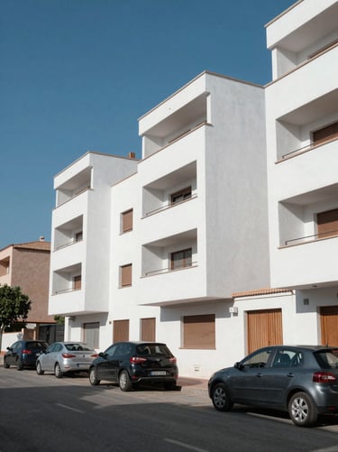 Wide daylight exterior of a modern residential building in a Catalan suburban street, clean white facade, parked cars, clear blue sky, sharp architectural lines, no people