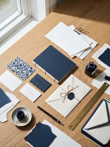 Overhead flat-lay of physical brand mockups and paper samples on a clean oak desk, bright natural window light with crisp shadows, 35mm lens
