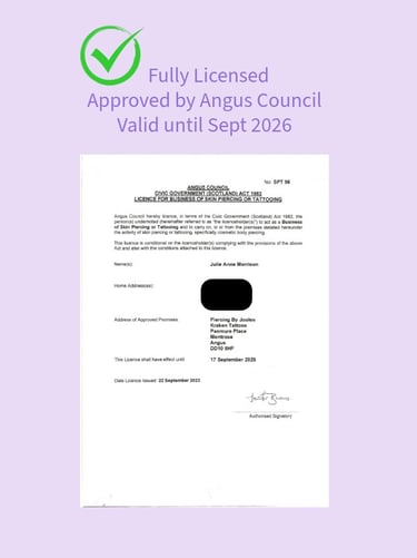 Body Piercing Licence issued by Angus Council – valid until Sept 2026