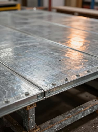 Close-up of a steel raised floor panel installation in progress on a commercial site, showing the galvanized surface and bolt-down edge detail under tungsten work lighting with warm orange highlights, no people visible, no showroom